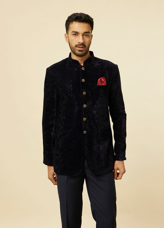 alt message - Manyavar Men Dark Blue Rhinestone Embellished Suit image number 0